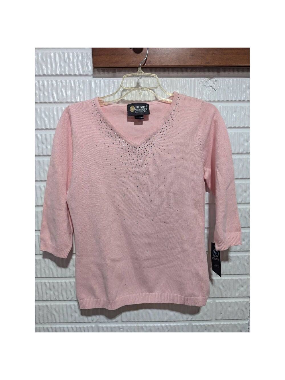 Christine Alexander Pink Vneck Fine Gauge Sweater Authentic Swarovski Crystals S